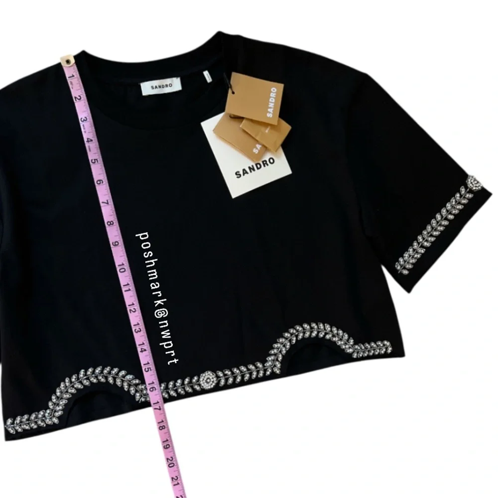 NWT ✨ SANDRO Rhinestone Tee T-Shirt Cropped Black 0 XS - Picture 11 of 14